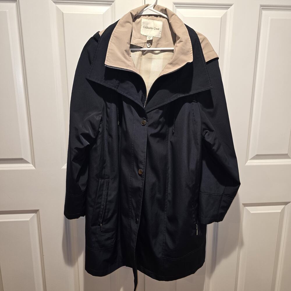 Coldwater Creek Womens Rain Trench Coat Jacket Removable Hood Lined Navy Blue 3X